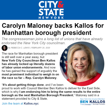 Carolyn Maloney backs Kallos for Manhattan borough president